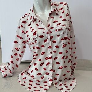 Joie White Button Down Shirt with Red Lip Print